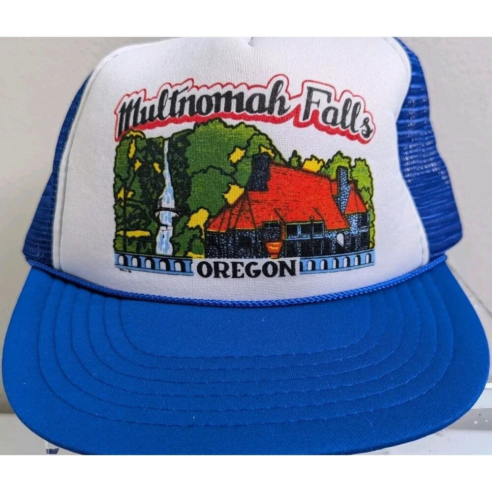 Vintage Multnomah Falls Columbia River  Portland Oregon Trucker Hat Cap Blue